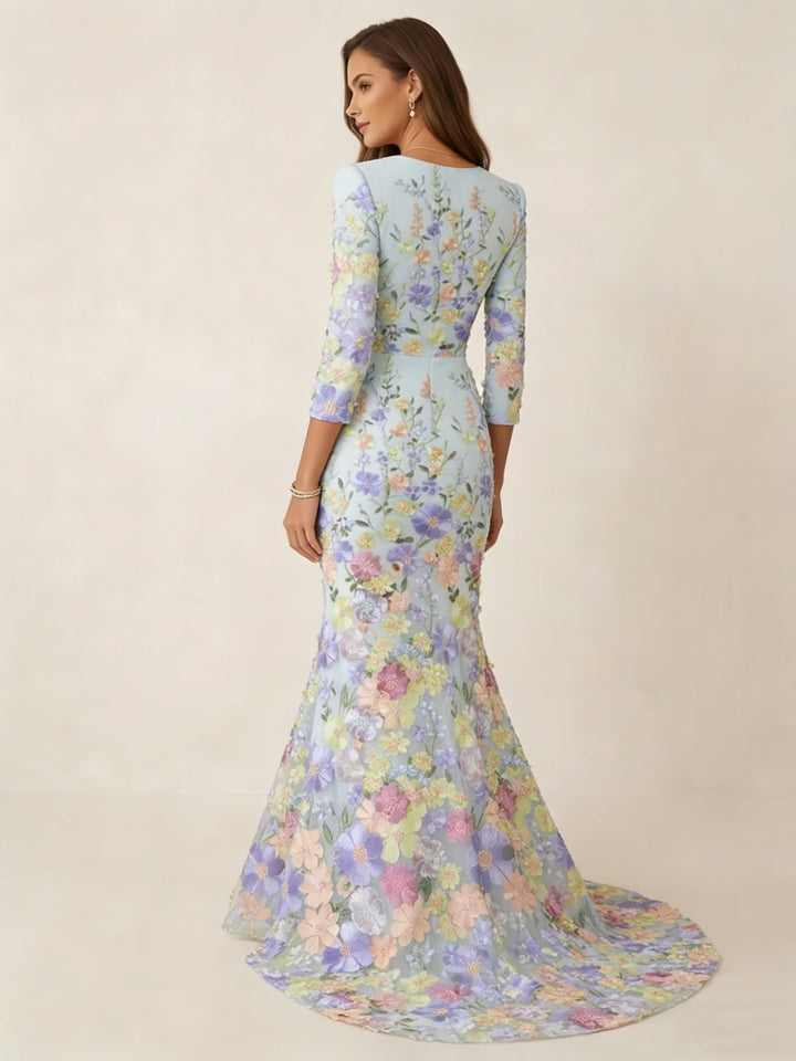 Trumpet/Mermaid V-Neck Lace Evening Dresses Floral Embroidery Floor-Length 3/4 Sleeves Party Dresses