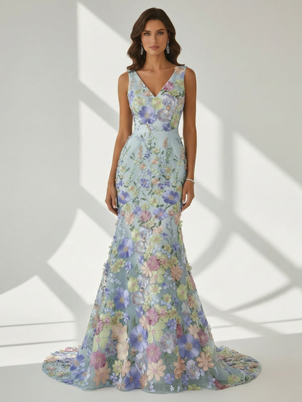 Trumpet/Mermaid V-Neck Lace Evening Dresses Floral Embroidery Floor-Length Sleeveless Party Dresses