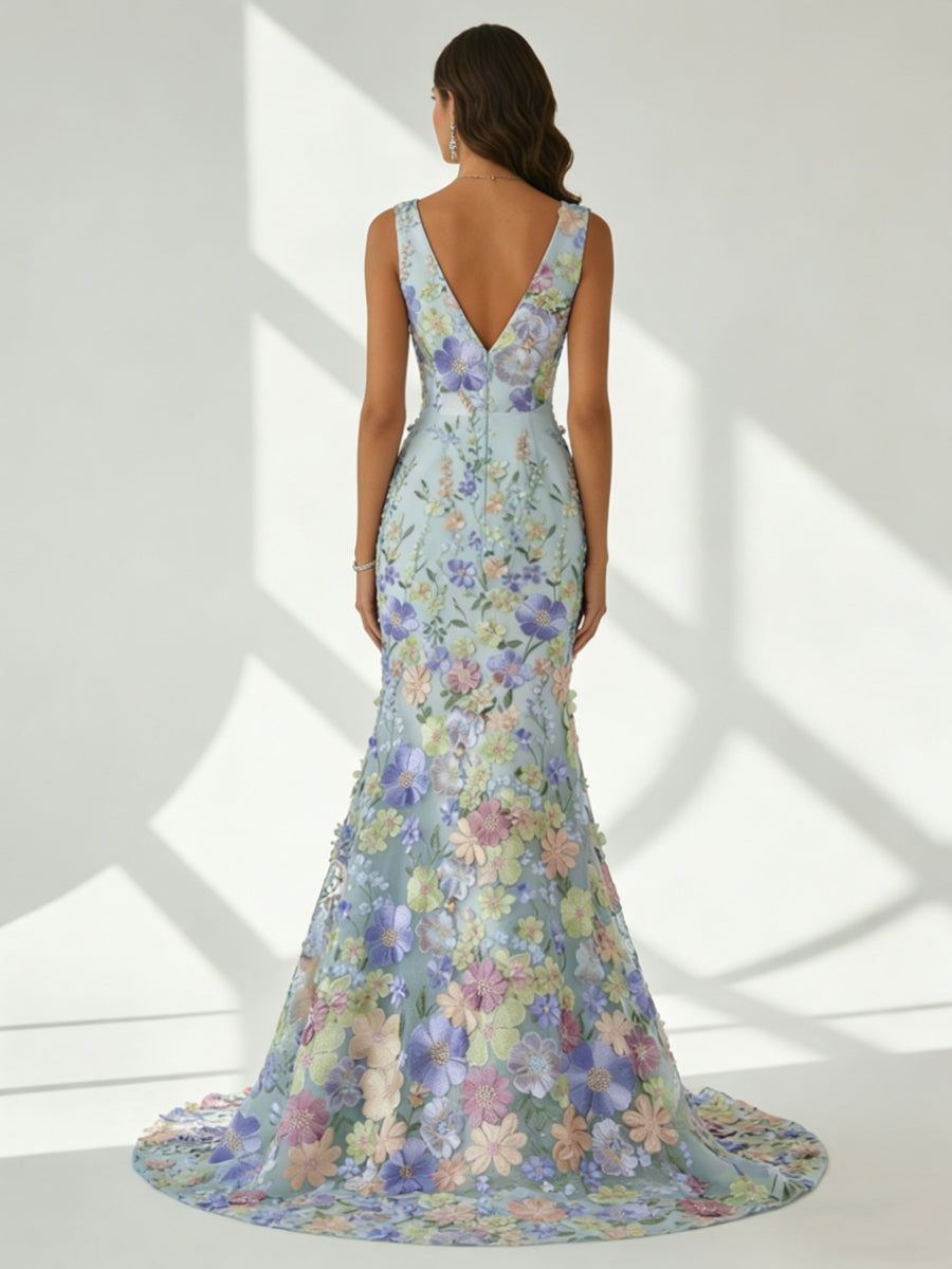 Trumpet/Mermaid V-Neck Lace Evening Dresses Floral Embroidery Floor-Length Sleeveless Party Dresses