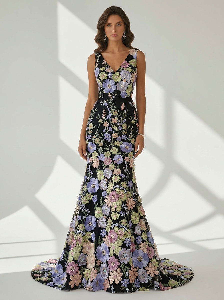 Trumpet/Mermaid V-Neck Lace Evening Dresses Floral Embroidery Floor-Length Sleeveless Party Dresses