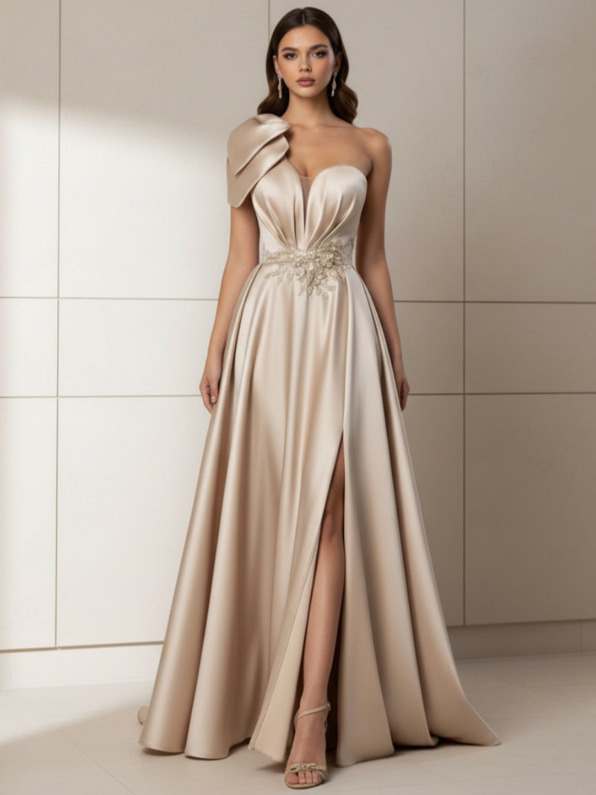 A-Line/Princess One-Shoulder Satin Evening Dresses with Split Side Sleeveless Floor-Length Beading Party Dresses