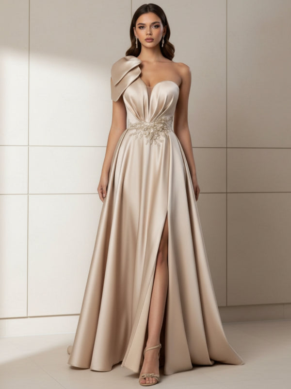 A-Line/Princess One-Shoulder Satin Evening Dresses with Split Side Sleeveless Floor-Length Beading Party Dresses