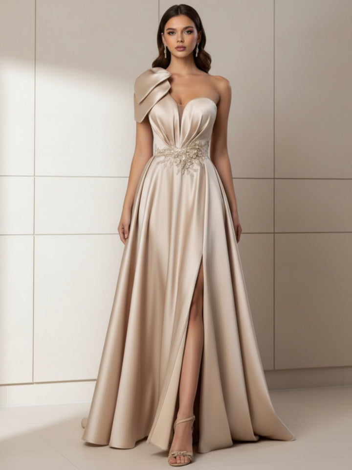 A-Line/Princess One-Shoulder Satin Evening Dresses with Split Side Sleeveless Floor-Length Beading Party Dresses