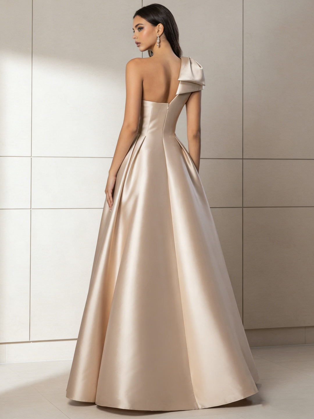 A-Line/Princess One-Shoulder Satin Evening Dresses with Split Side Sleeveless Floor-Length Beading Party Dresses