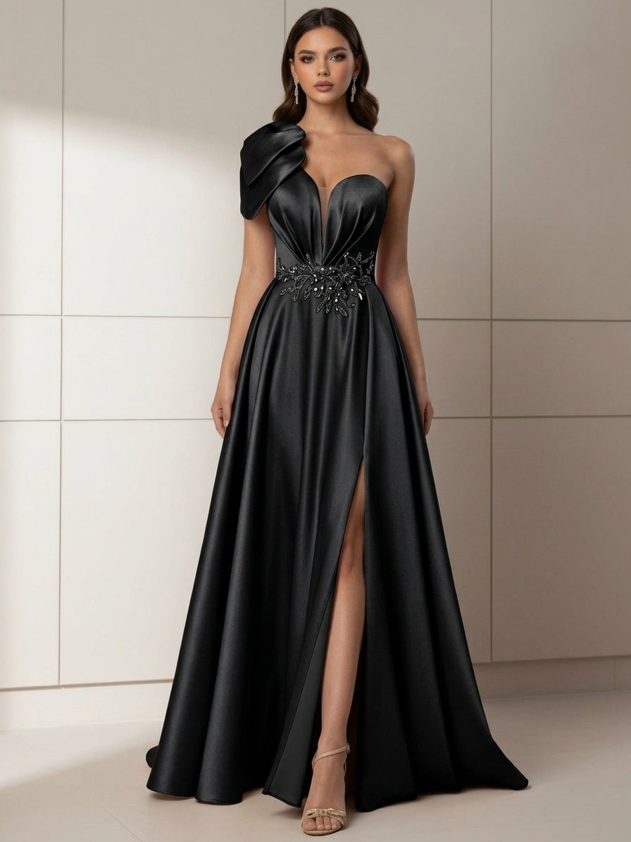 A-Line/Princess One-Shoulder Satin Evening Dresses with Split Side Sleeveless Floor-Length Beading Party Dresses