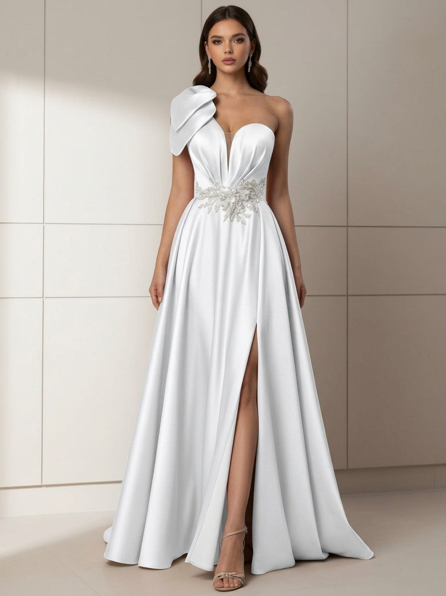 A-Line/Princess One-Shoulder Satin Evening Dresses with Split Side Sleeveless Floor-Length Beading Party Dresses