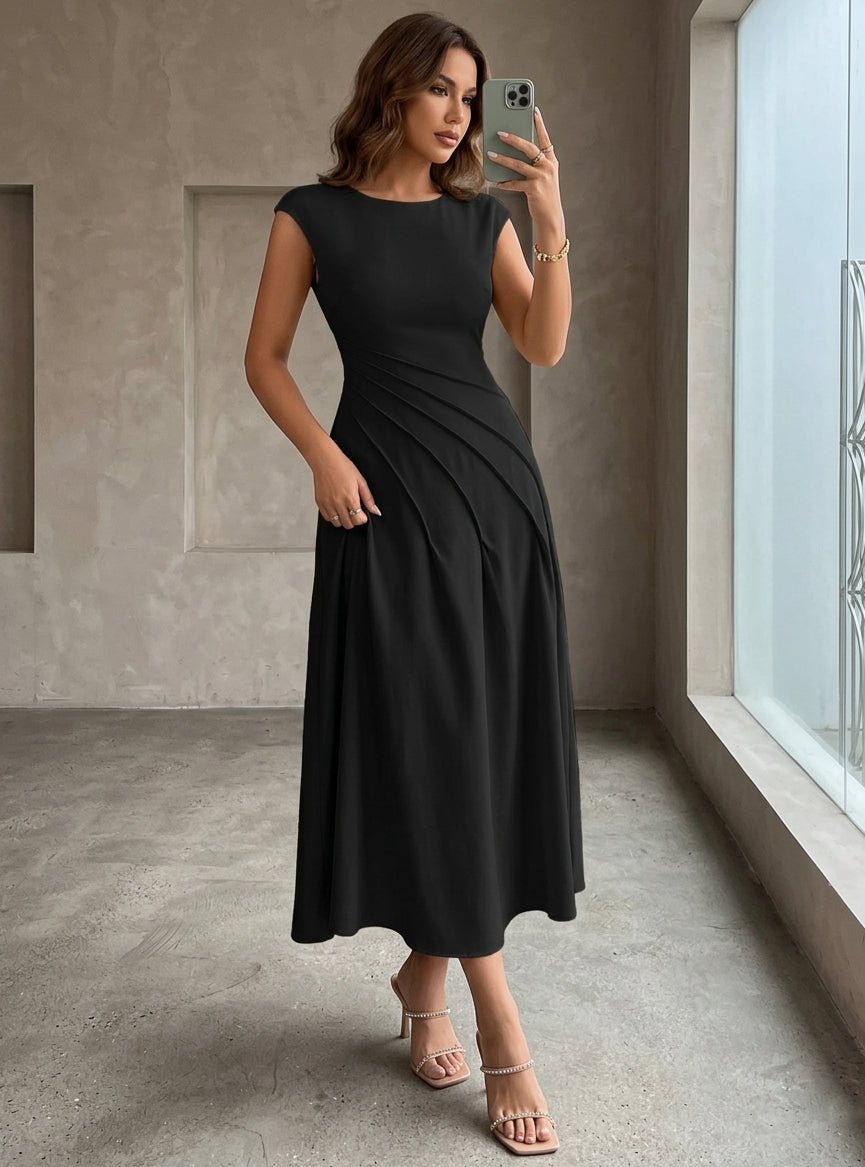 A-Line/Princess Scoop Stretch Satin Cocktail Dresses Sleeveless Tea-Length Ruched Formal Dresses, Black