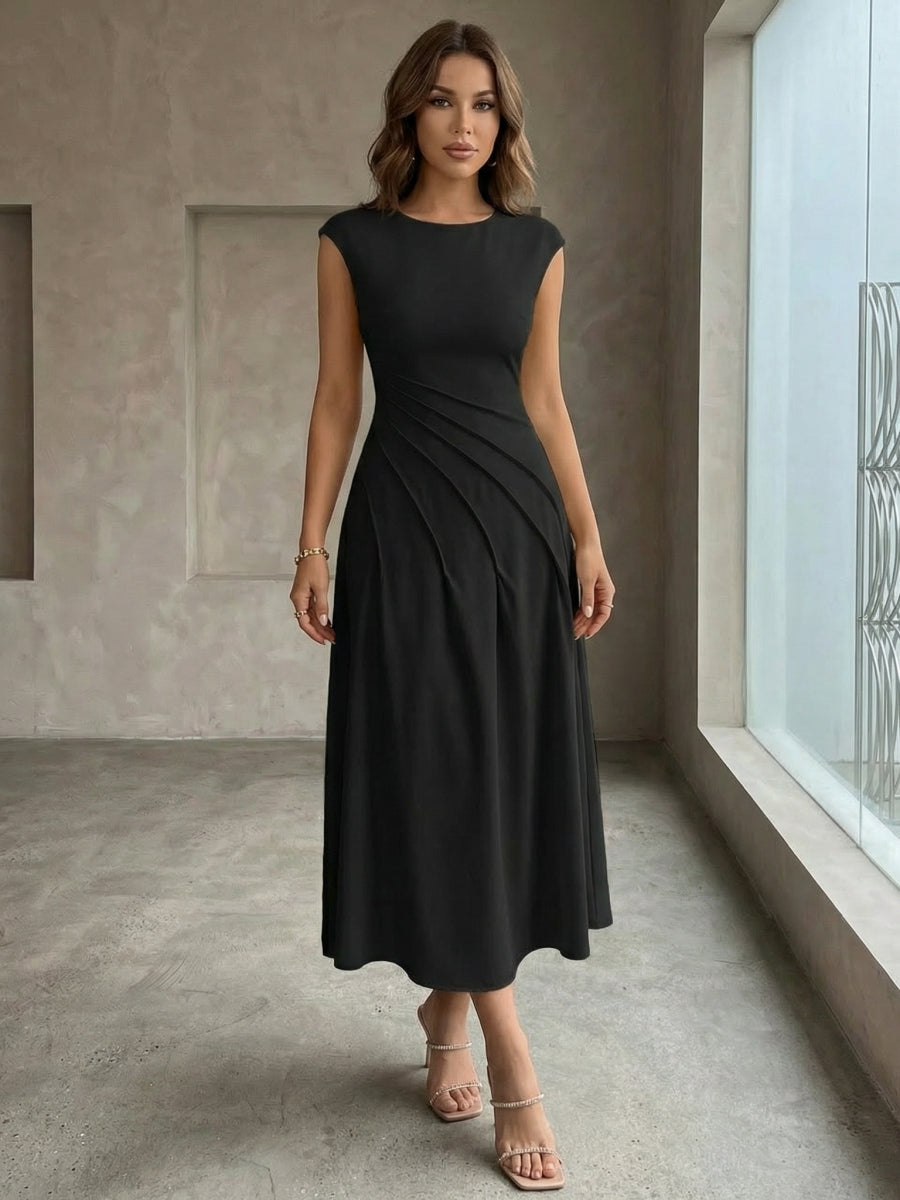 A-Line/Princess Scoop Stretch Satin Cocktail Dresses Sleeveless Tea-Length Ruched Formal Dresses