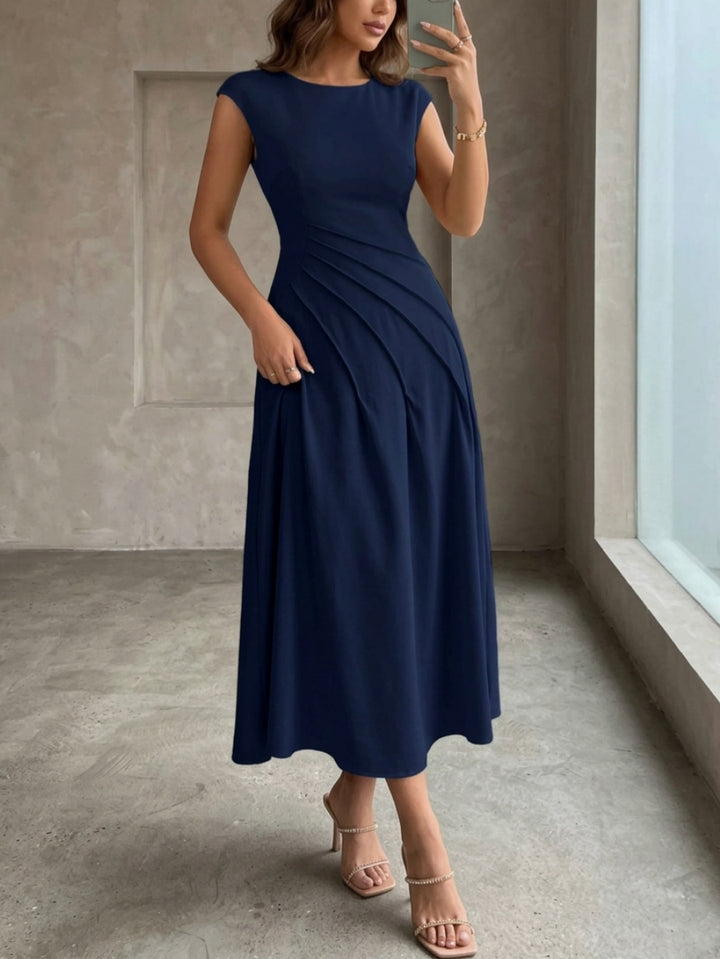 A-Line/Princess Scoop Stretch Satin Cocktail Dresses Sleeveless Tea-Length Ruched Formal Dresses