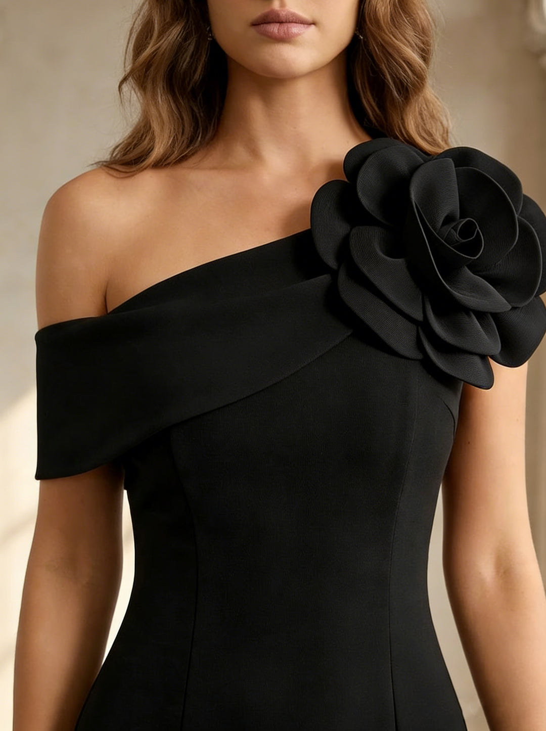 Sheath/Column One-Shoulder Stretch Satin Cocktail Dresses Sleeveless Tea-Length 3D Flower Formal Dresses