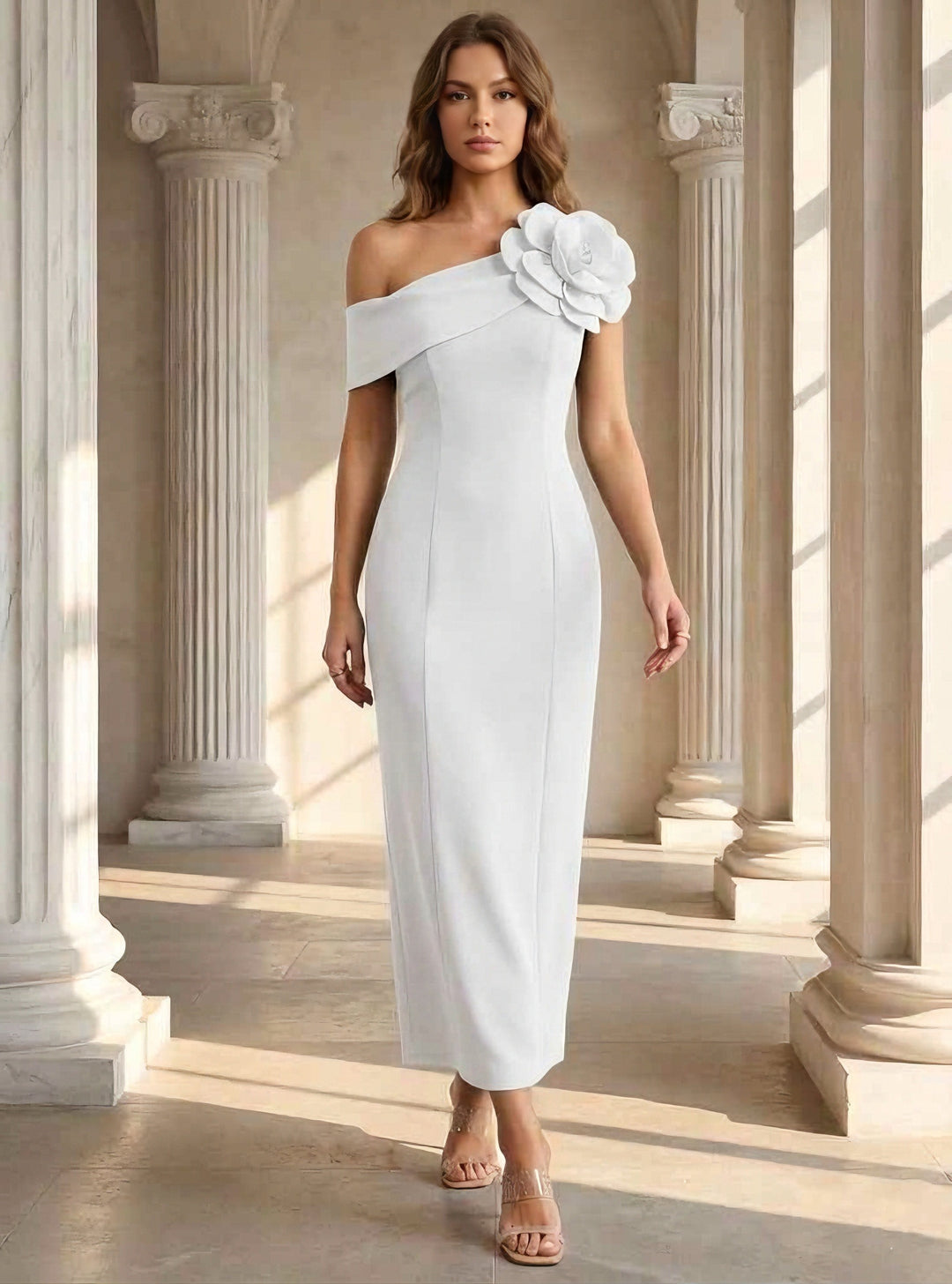 Sheath/Column One-Shoulder Stretch Satin Cocktail Dresses Sleeveless Tea-Length 3D Flower Formal Dresses