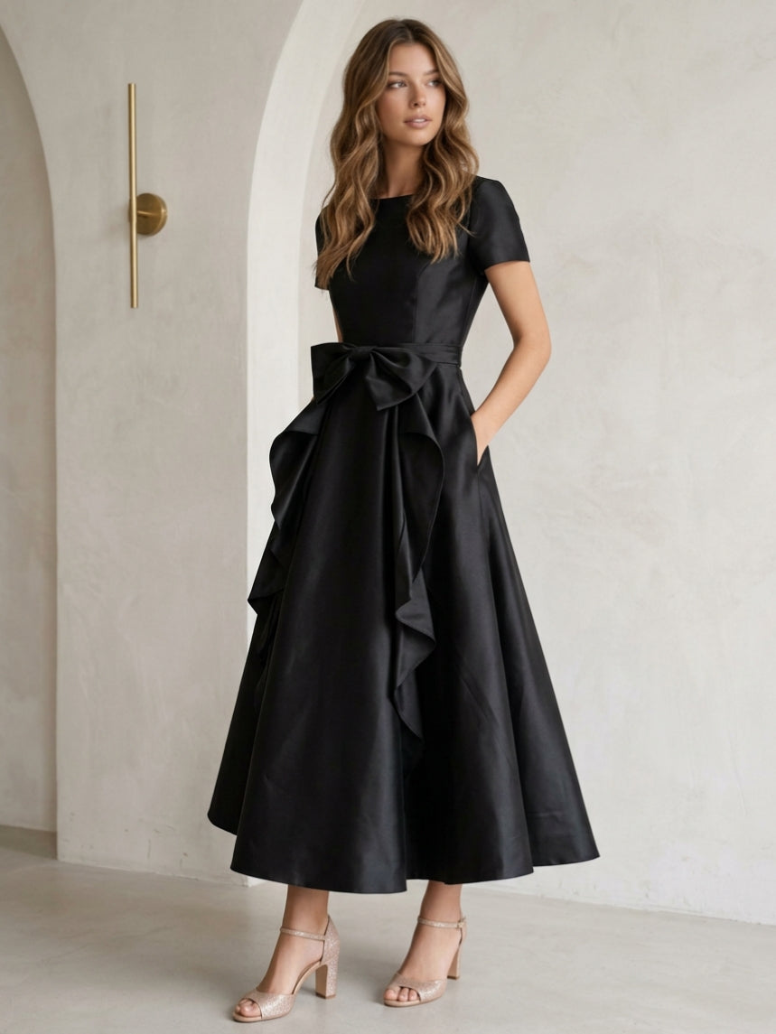 A-Line/Princess Scoop Satin Cocktail Dresses with Bowknot Short Sleeves Tea-Length Formal Dresses