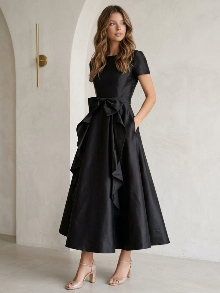 A-Line/Princess Scoop Satin Cocktail Dresses with Bowknot Short Sleeves Tea-Length Formal Dresses