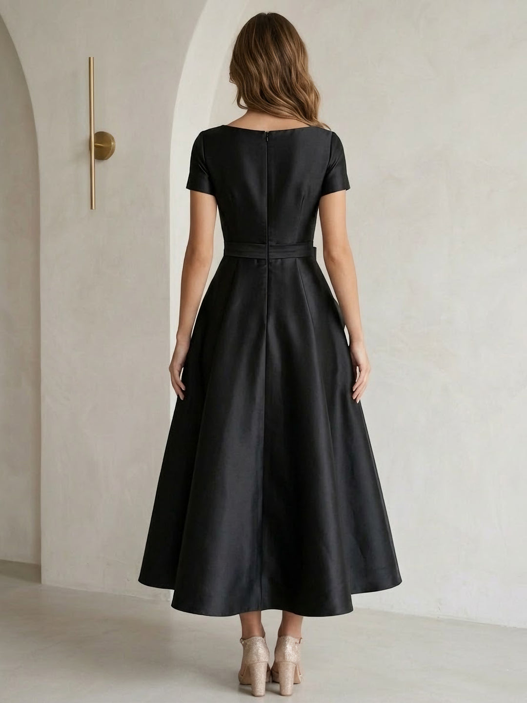 A-Line/Princess Scoop Satin Cocktail Dresses with Bowknot Short Sleeves Tea-Length Formal Dresses