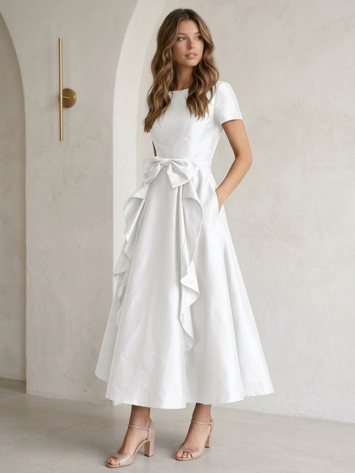 A-Line/Princess Scoop Satin Cocktail Dresses with Bowknot Short Sleeves Tea-Length Formal Dresses