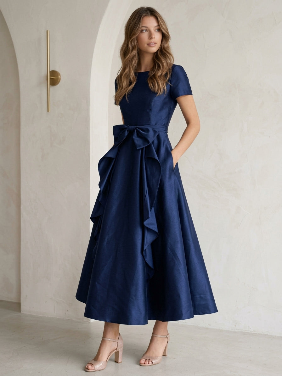 A-Line/Princess Scoop Satin Cocktail Dresses with Bowknot Short Sleeves Tea-Length Formal Dresses
