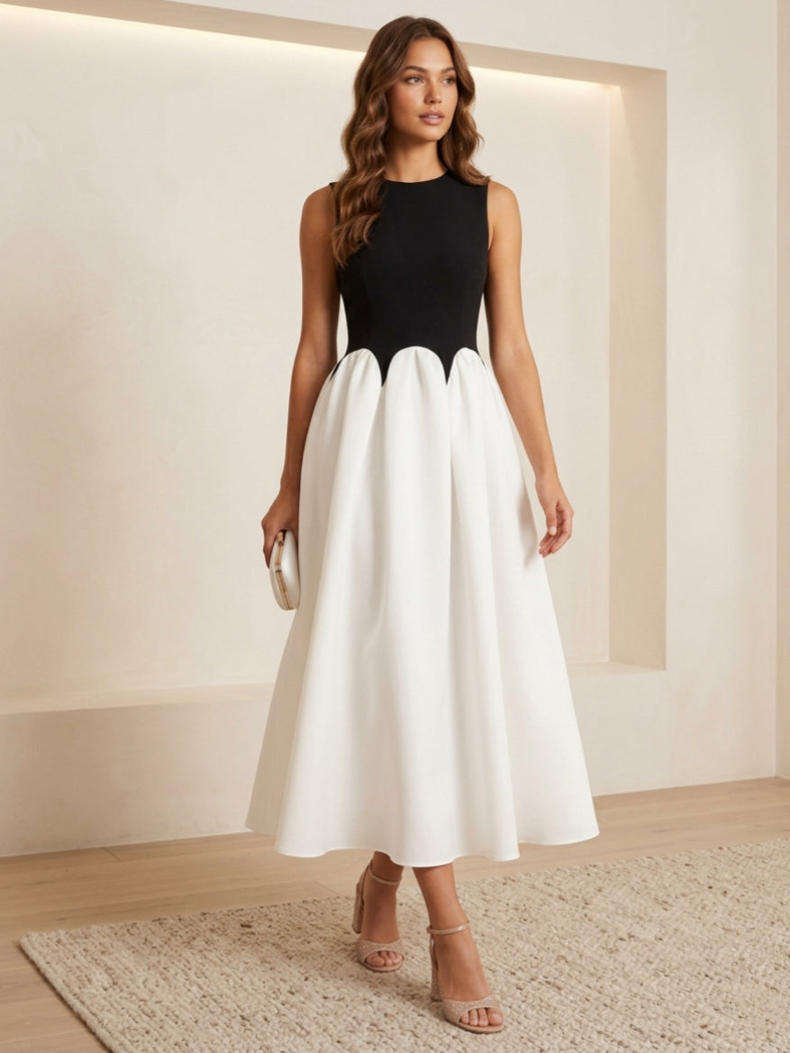 A-Line/Princess Scoop Chiffon Cocktail Dresses Stretch Satin Tea-Length Sleeveless Formal Dress Black