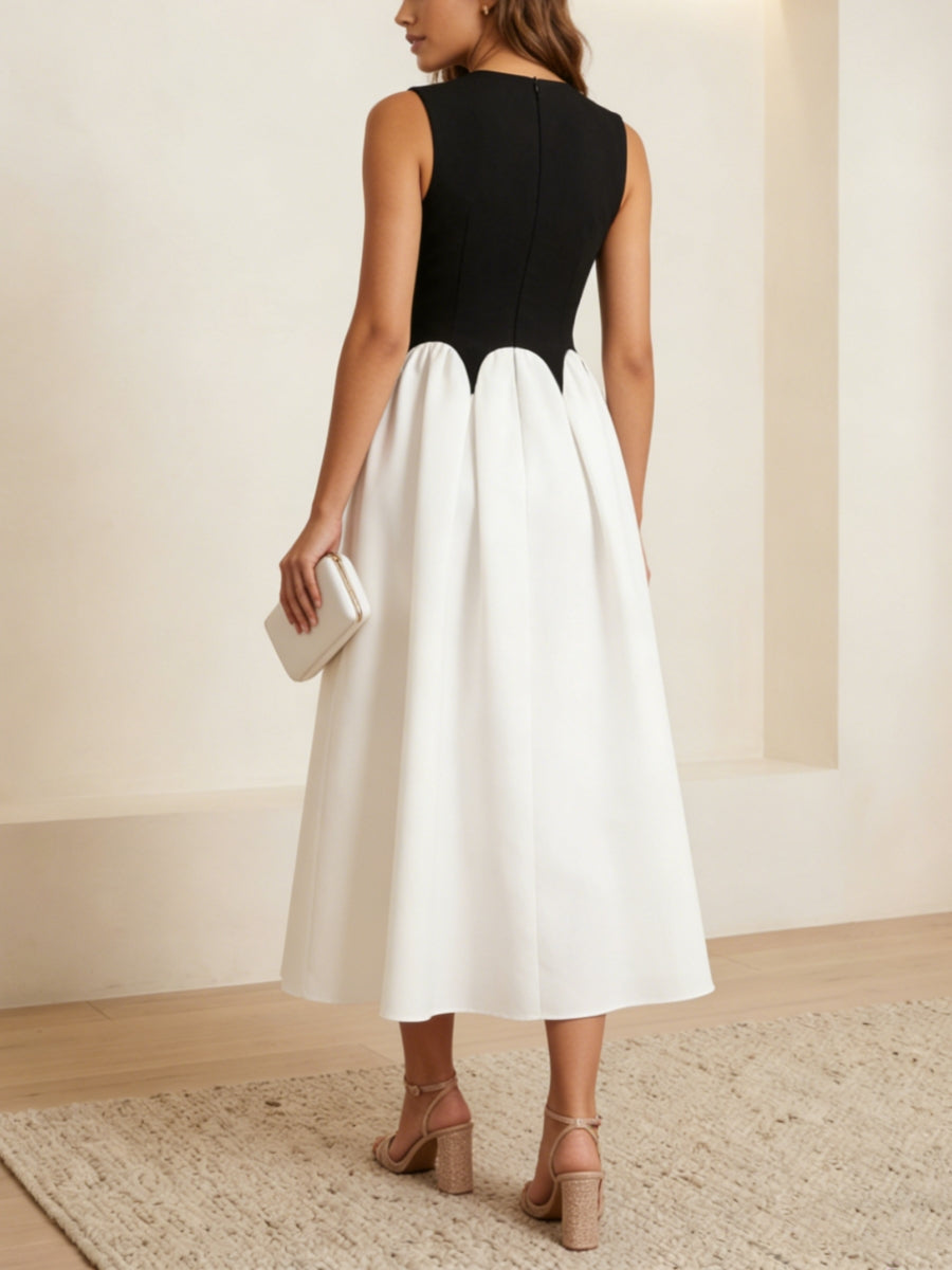 A-Line/Princess Scoop Chiffon Cocktail Dresses Stretch Satin Tea-Length Sleeveless Formal Dress