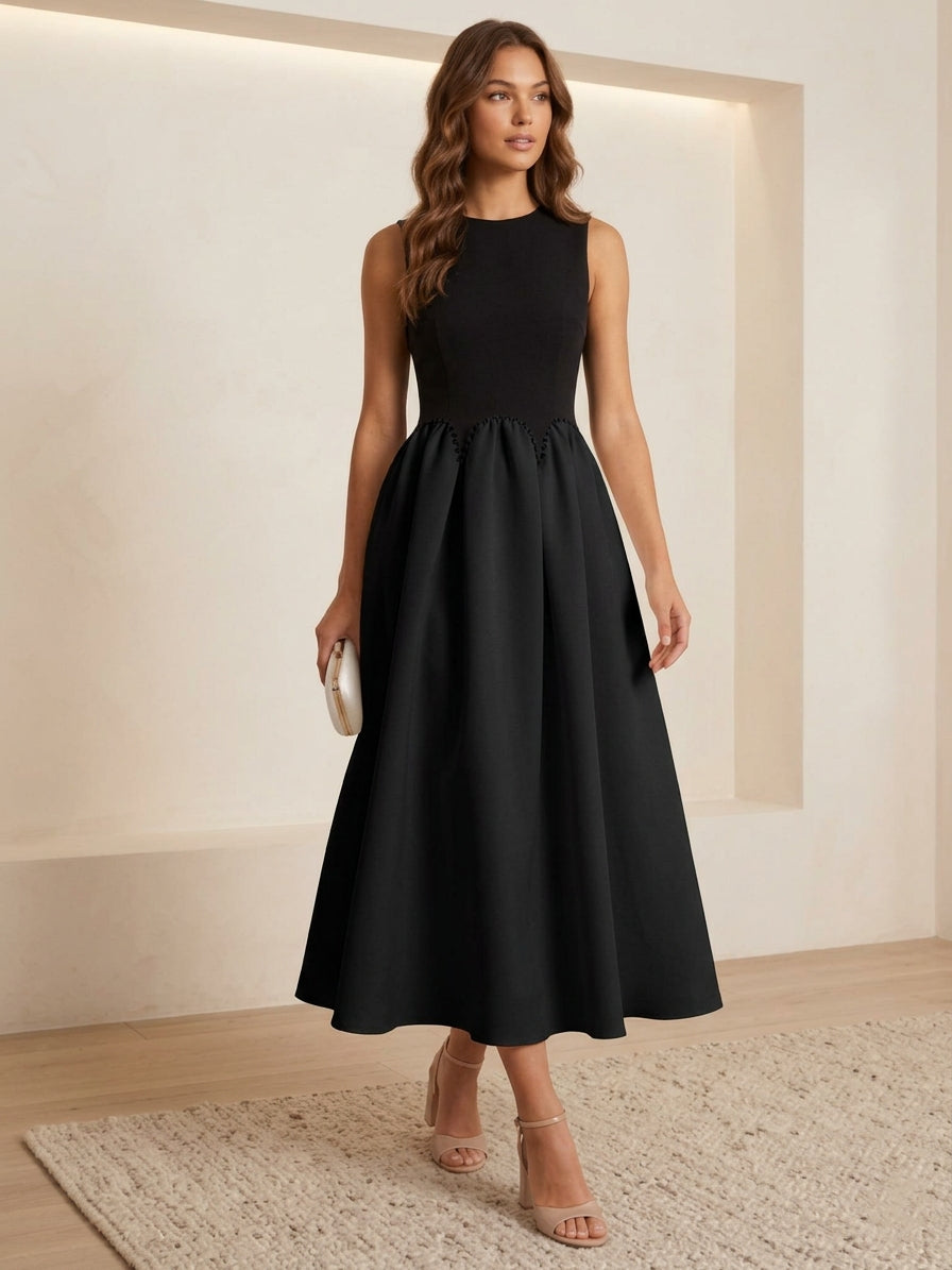 A-Line/Princess Scoop Chiffon Cocktail Dresses Stretch Satin Tea-Length Sleeveless Formal Dress