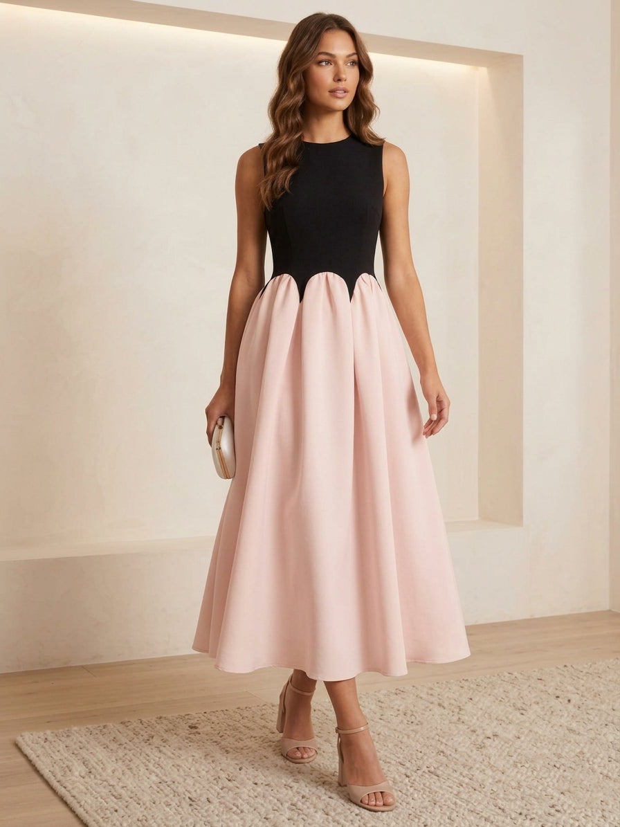 A-Line/Princess Scoop Chiffon Cocktail Dresses Stretch Satin Tea-Length Sleeveless Formal Dress