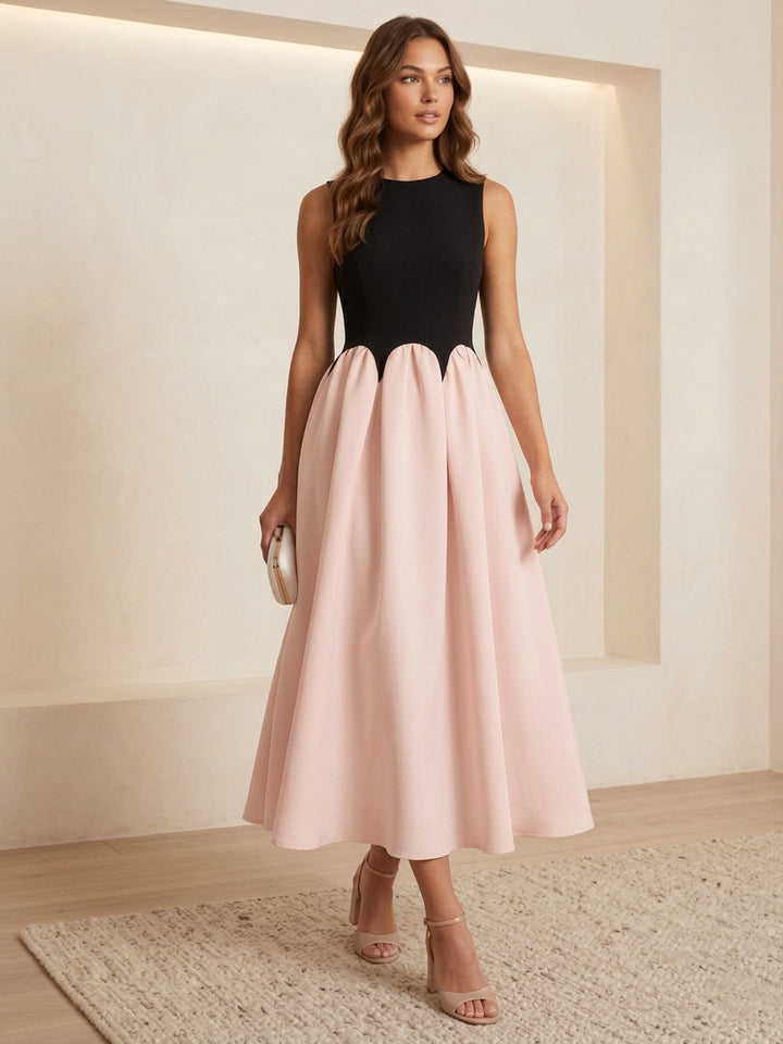 A-Line/Princess Scoop Chiffon Cocktail Dresses Stretch Satin Tea-Length Sleeveless Formal Dress