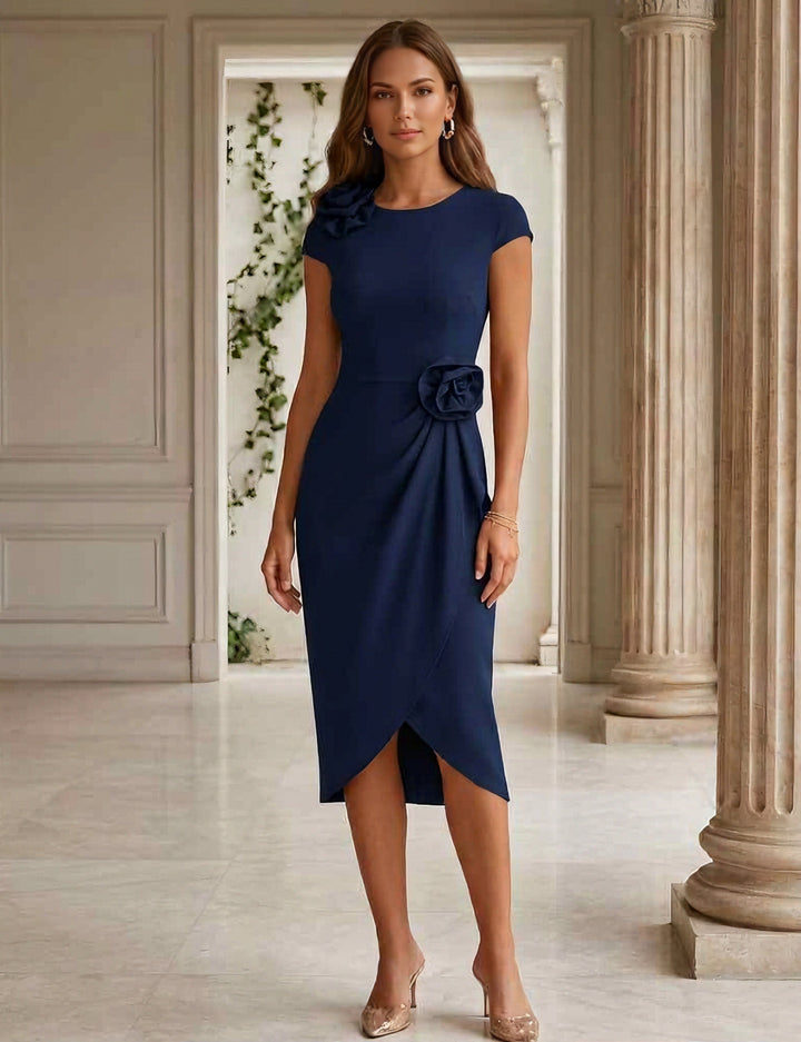 Sheath/Column Scoop Stretch Satin Cocktail Dresses with 3D Flower Short Sleeves Tea-Length Formal Dresses