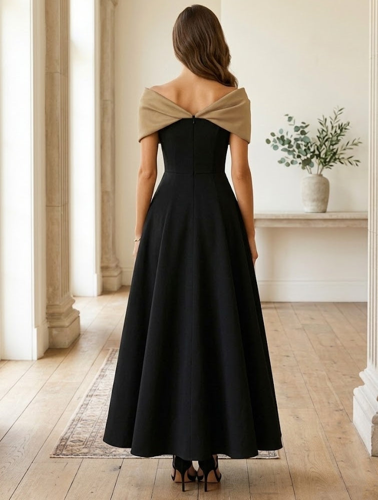 A-Line/Princess Off-the-Shoulder Stretch Satin Cocktail Dresses Satin Sleeveless Ankle-Length Formal Dresses