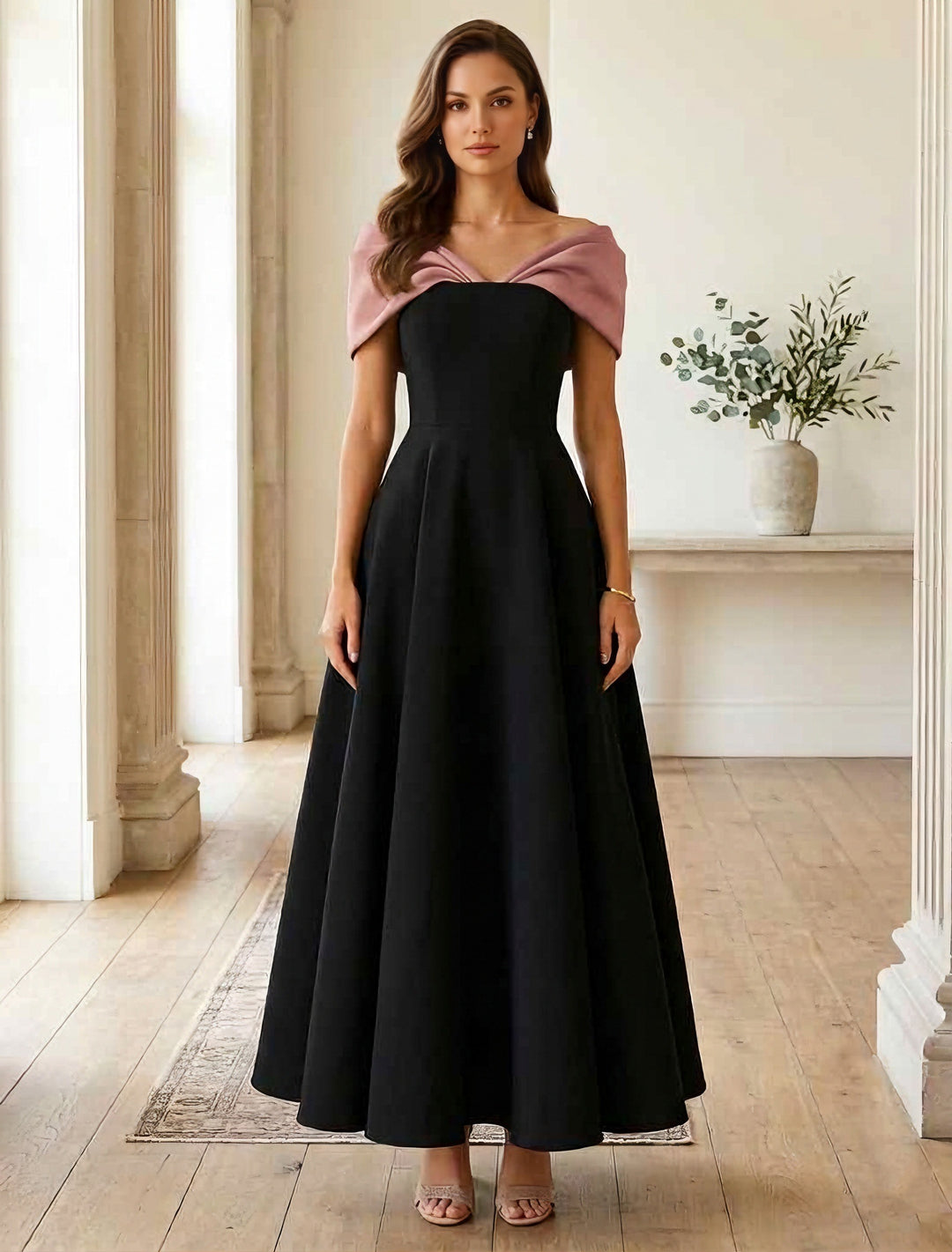 A-Line/Princess Off-the-Shoulder Stretch Satin Cocktail Dresses Satin Sleeveless Ankle-Length Formal Dresses