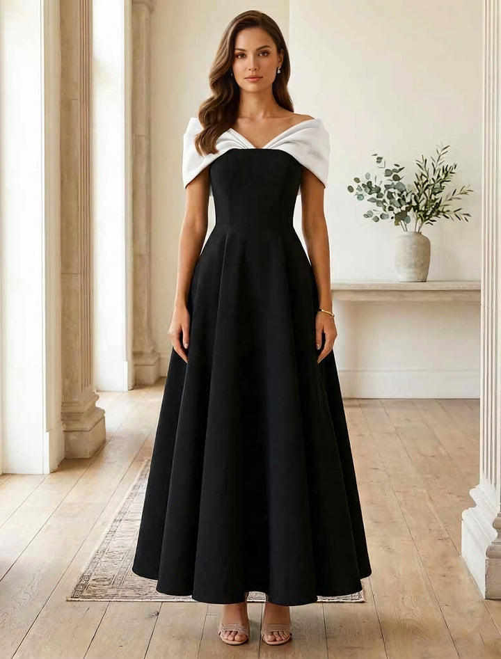 A-Line/Princess Off-the-Shoulder Stretch Satin Cocktail Dresses Satin Sleeveless Ankle-Length Formal Dresses