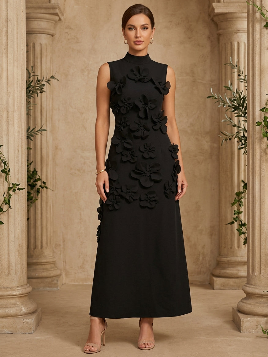 A-Line/Princess High Neck Stretch Satin Cocktail Dresses with 3D Flower Sleeveless Ankle-Length Formal Dresses