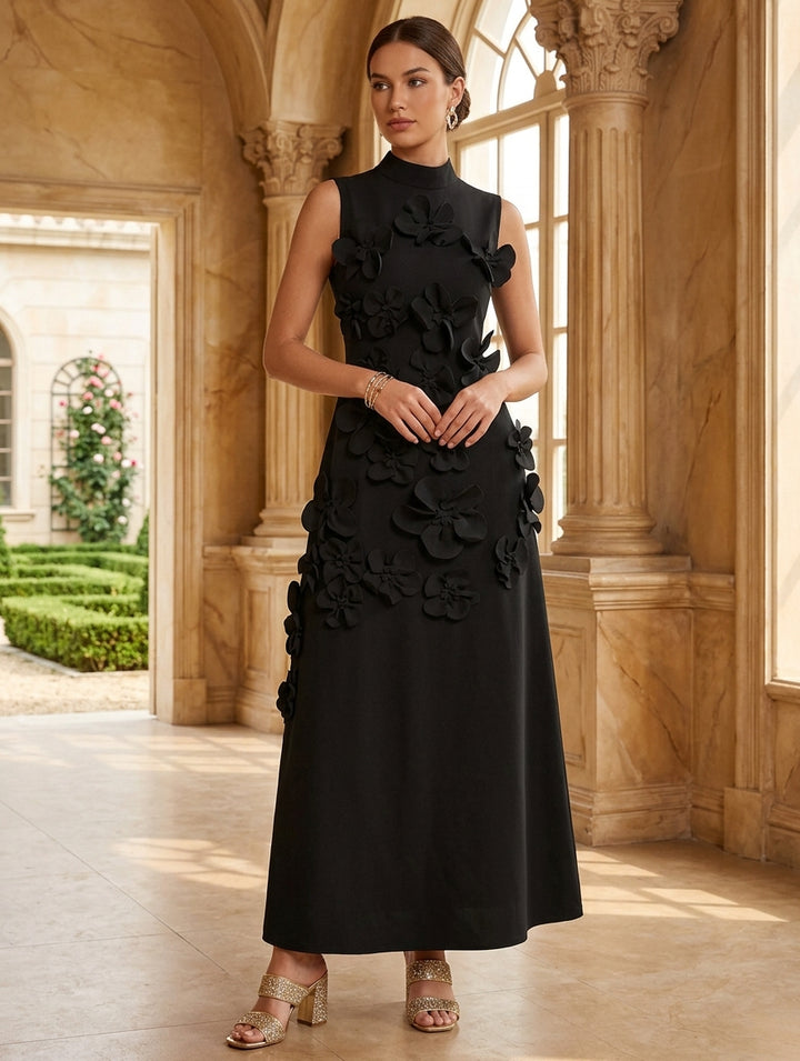 A-Line/Princess High Neck Stretch Satin Cocktail Dresses with 3D Flower Sleeveless Ankle-Length Formal Dresses