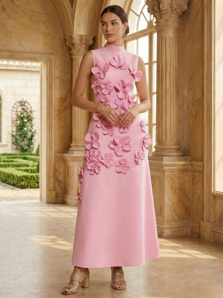 A-Line/Princess High Neck Stretch Satin Cocktail Dresses with 3D Flower Sleeveless Ankle-Length Formal Dresses