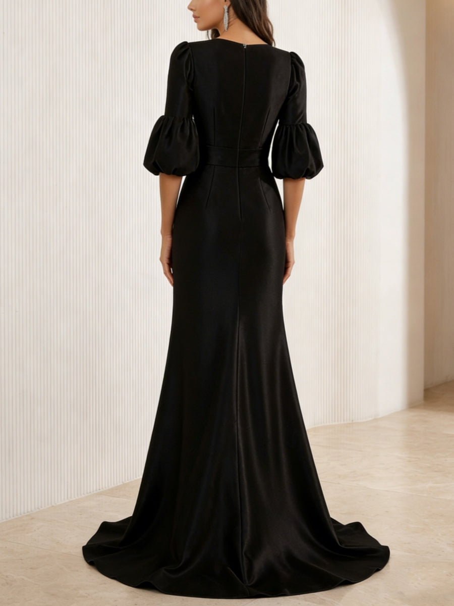 Trumpet/Mermaid V-Neck Satin Evening Dresses with 3D Flower Half Puff Sleeves Floor-Length Party Dresses