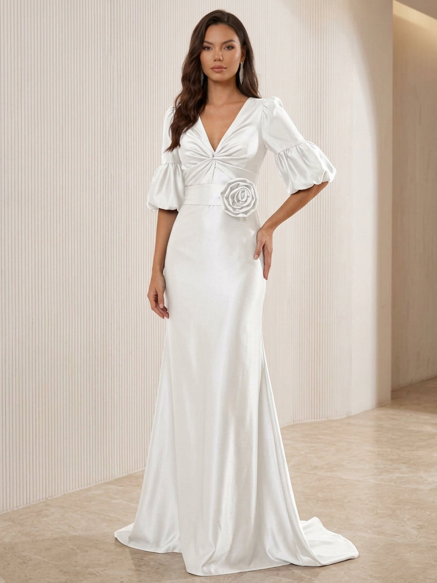 Trumpet/Mermaid V-Neck Satin Evening Dresses with 3D Flower Half Puff Sleeves Floor-Length Party Dresses