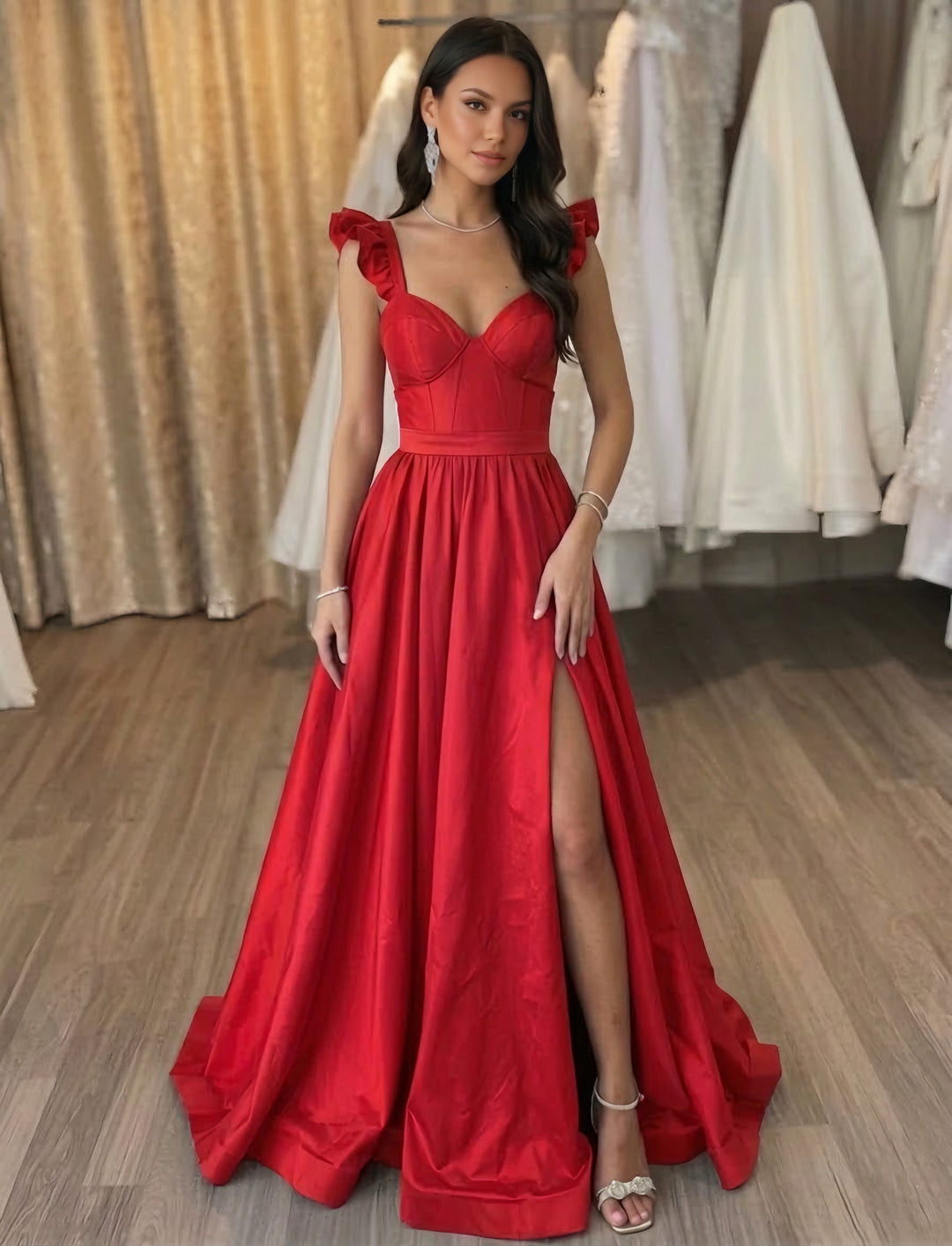 A-Line/Princess Sweetheart Satin Evening Dresses with Split Side Sleeveless Floor-Length Party Dresses