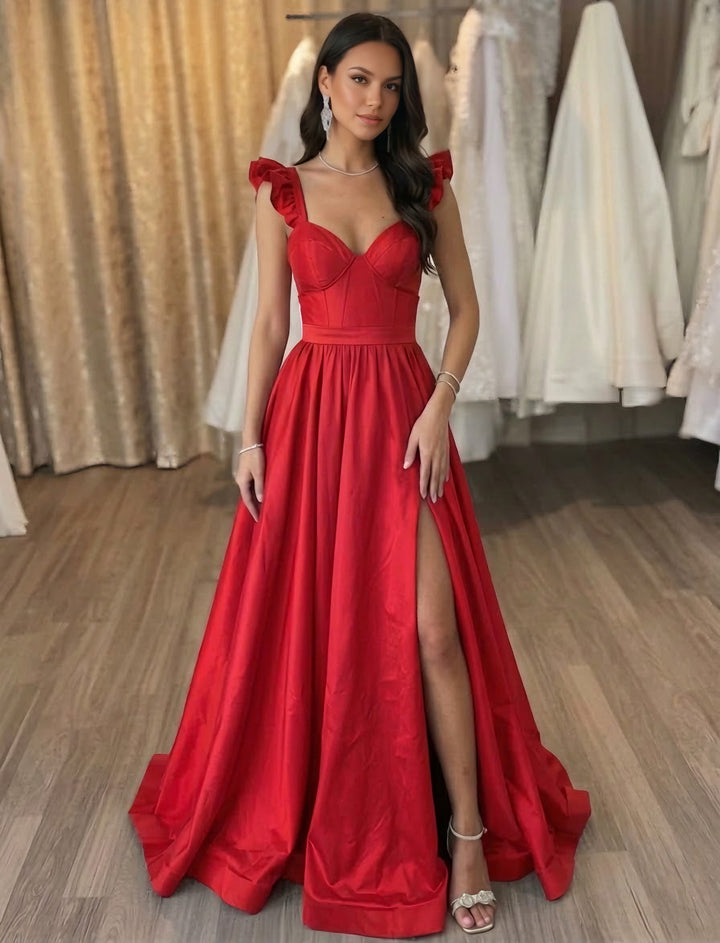 A-Line/Princess Sweetheart Satin Evening Dresses with Split Side Sleeveless Floor-Length Party Dresses