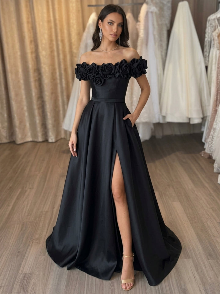 A-Line/Princess Off-the-Shoulder Satin Evening Dresses with Split Side Sleeveless 3D Flowers Floor-Length Pocket Party Dresses