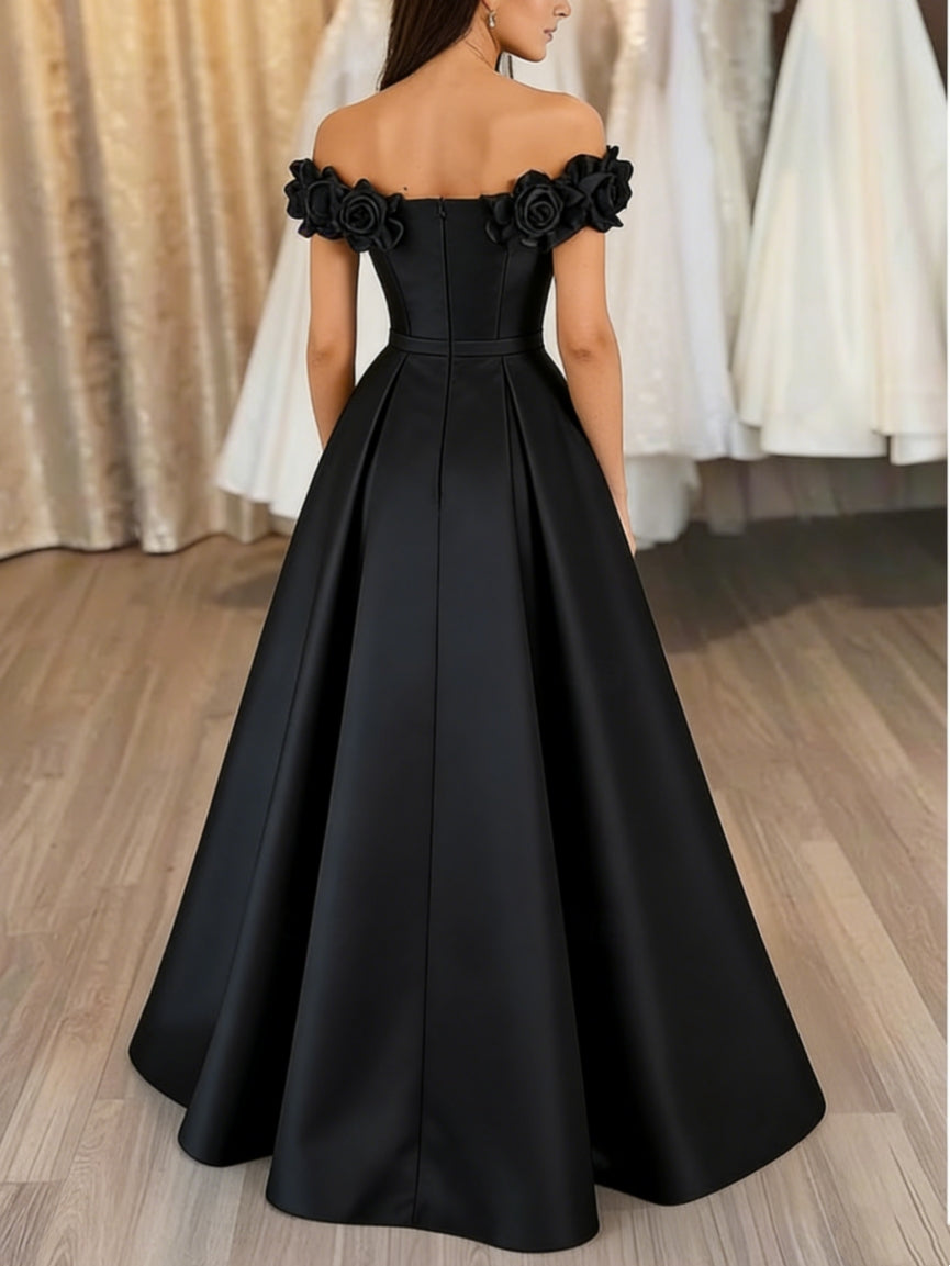 A-Line/Princess Off-the-Shoulder Satin Evening Dresses with Split Side Sleeveless 3D Flowers Floor-Length Pocket Party Dresses