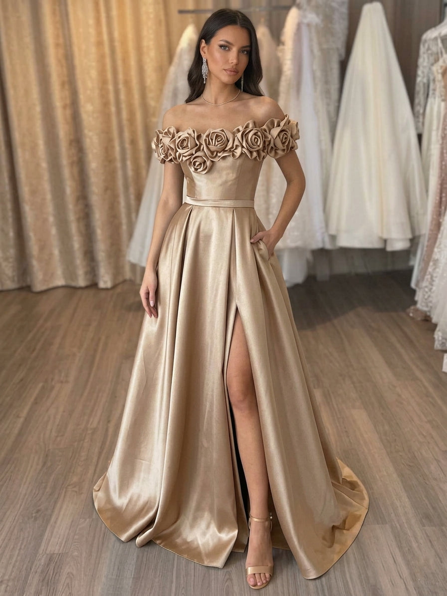 A-Line/Princess Off-the-Shoulder Satin Evening Dresses with Split Side Sleeveless 3D Flowers Floor-Length Pocket Party Dresses