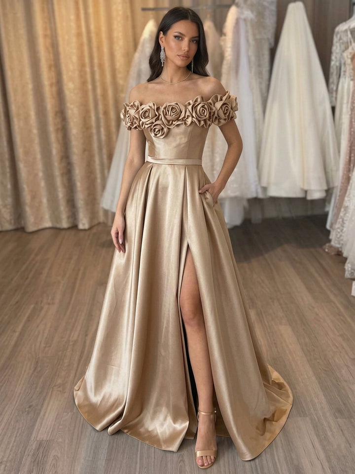 A-Line/Princess Off-the-Shoulder Satin Evening Dresses with Split Side Sleeveless 3D Flowers Floor-Length Pocket Party Dresses