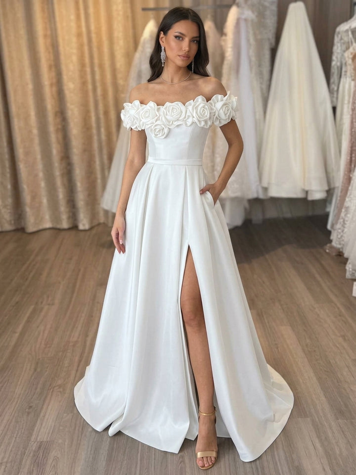 A-Line/Princess Off-the-Shoulder Satin Evening Dresses with Split Side Sleeveless 3D Flowers Floor-Length Pocket Party Dresses