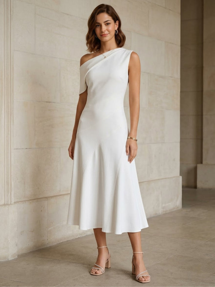 A-Line/Princess One-Shoulder Stretch Satin Cocktail Dresses Sleeveless Tea-Length Graduation Dress Ruffles  Little White Dresses