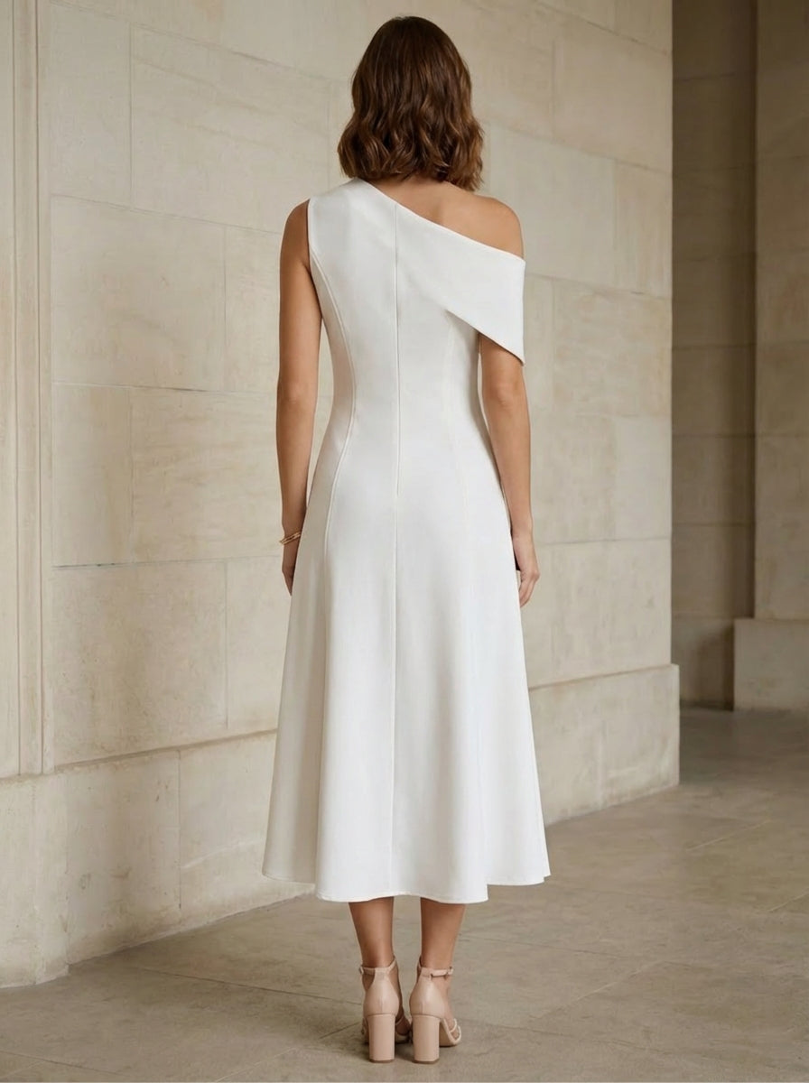 A-Line/Princess One-Shoulder Stretch Satin Cocktail Dresses Sleeveless Tea-Length Graduation Dress Ruffles  Little White Dresses