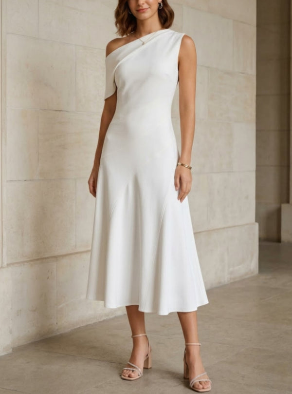 A-Line/Princess One-Shoulder Stretch Satin Cocktail Dresses Sleeveless Tea-Length Graduation Dress Ruffles  Little White Dresses