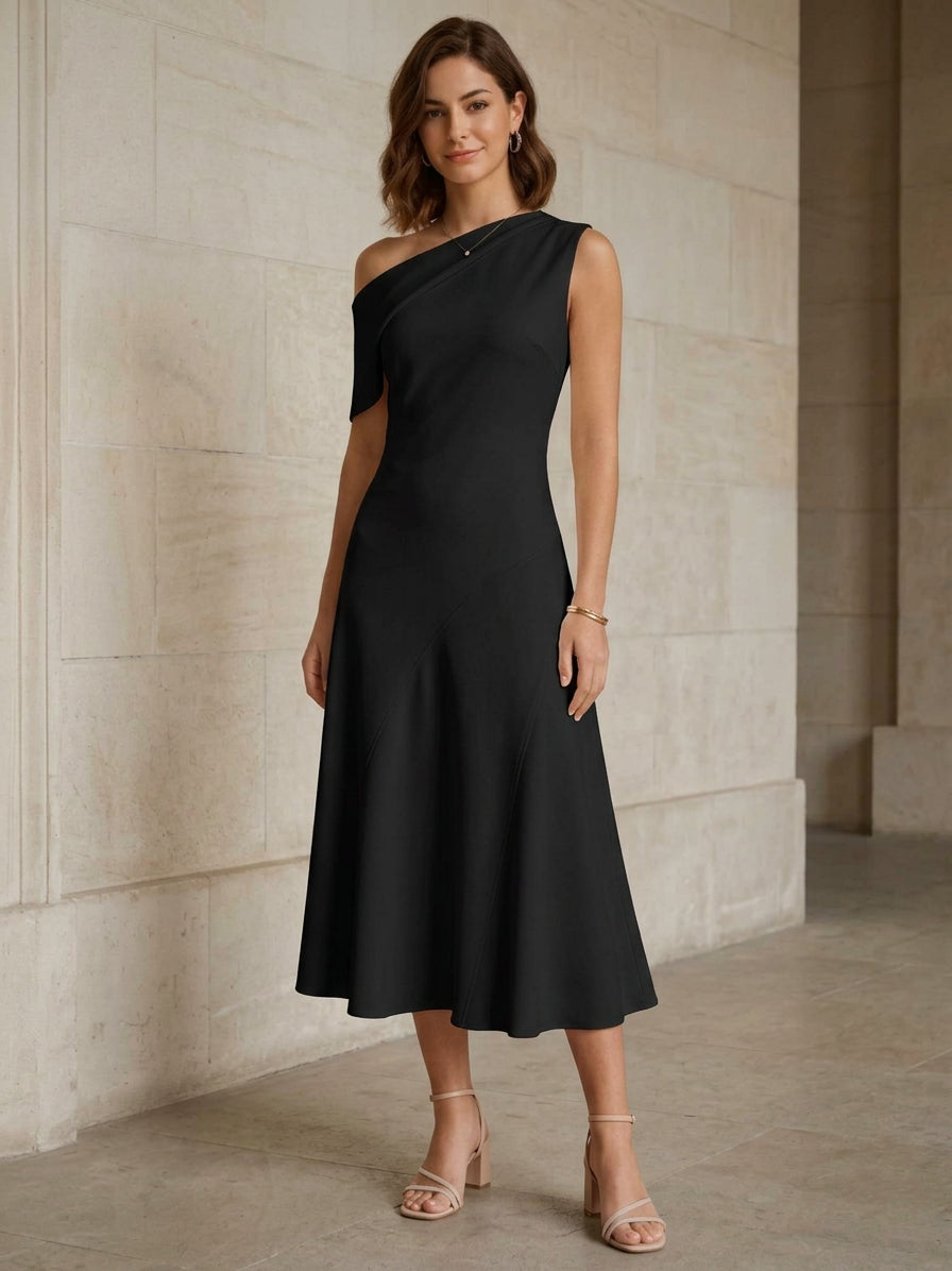 A-Line/Princess One-Shoulder Stretch Satin Cocktail Dresses Sleeveless Tea-Length Graduation Dress Ruffles  Little White Dresses