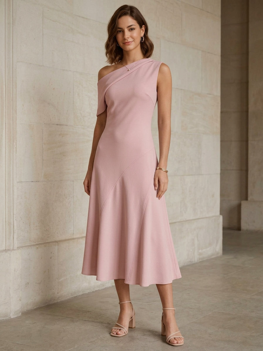 A-Line/Princess One-Shoulder Stretch Satin Cocktail Dresses Sleeveless Tea-Length Graduation Dress Ruffles  Little White Dresses