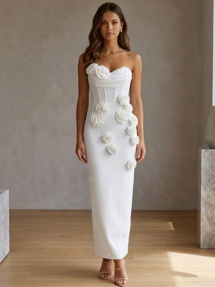 Sheath/Column Strapless Stretch Satin Cocktail Dresses with 3D Flowers Sleeveless Ankle-Length Formal Dresses