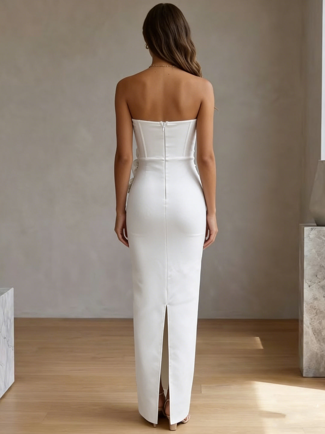 Sheath/Column Strapless Stretch Satin Cocktail Dresses with 3D Flowers Sleeveless Ankle-Length Formal Dresses