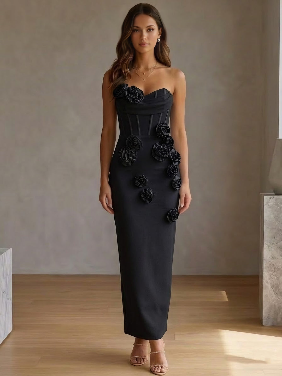 Sheath/Column Strapless Stretch Satin Cocktail Dresses with 3D Flowers Sleeveless Ankle-Length Formal Dresses