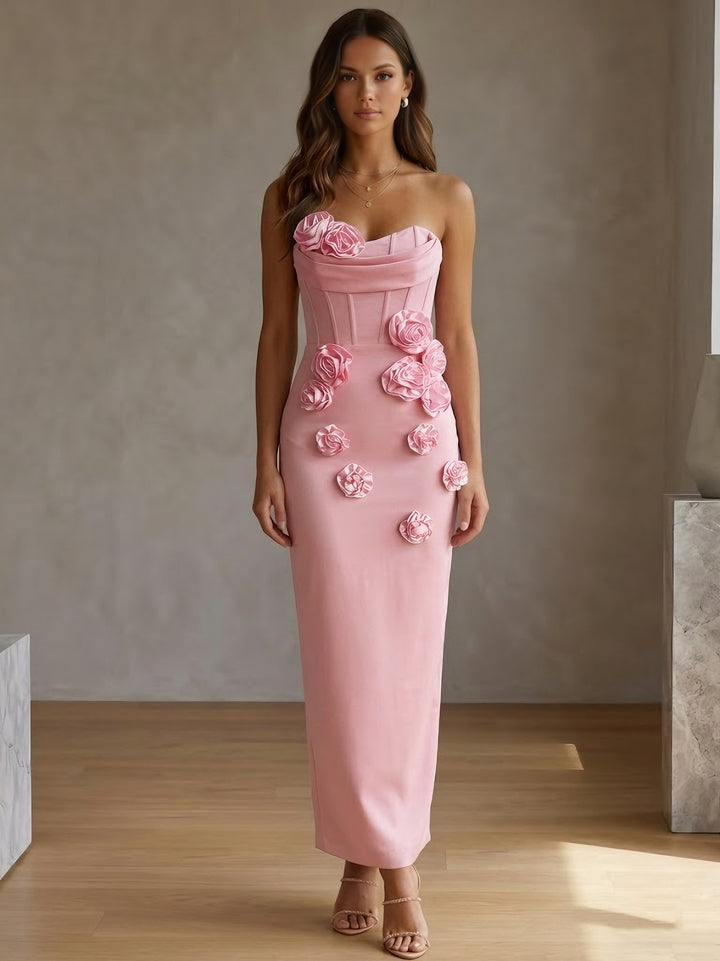 Sheath/Column Strapless Stretch Satin Cocktail Dresses with 3D Flowers Sleeveless Ankle-Length Formal Dresses